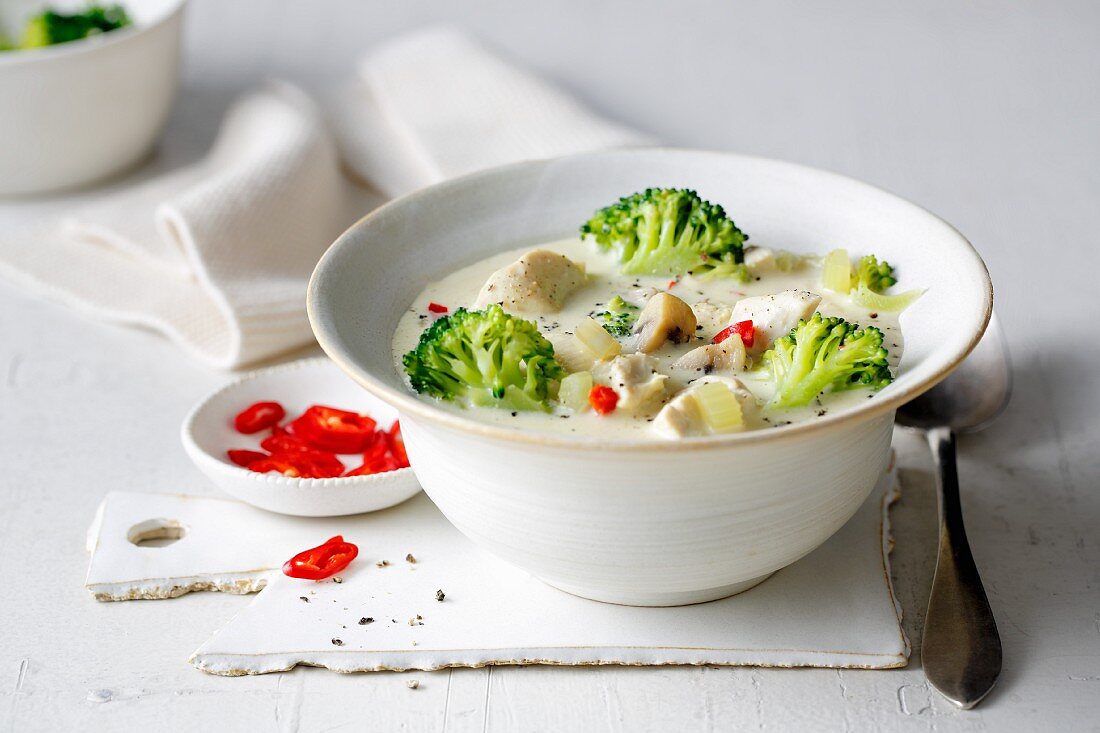 Chicken and broccoli soup with chilli