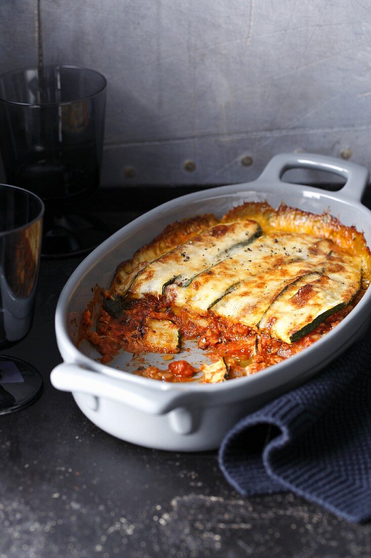 Vegetarian courgette and tomato lasagne with soya bolognese