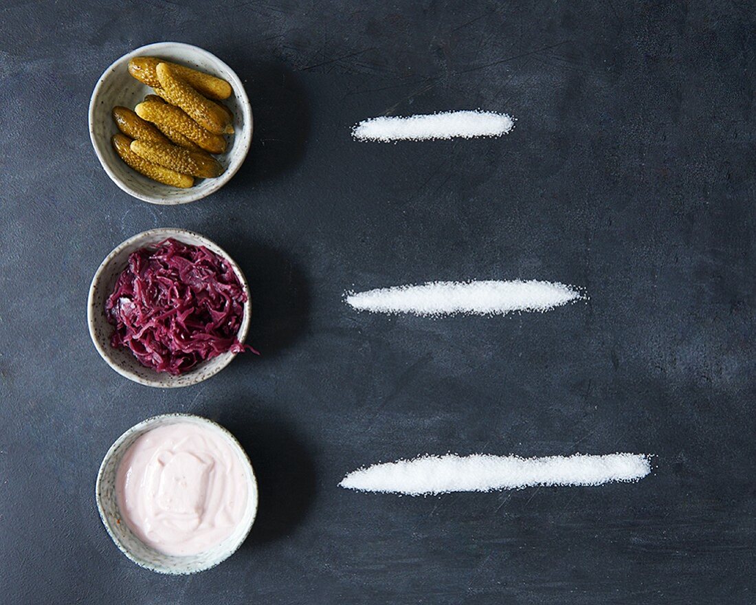 The amount of sugar in gherkins, red cabbage and fruit yoghurt