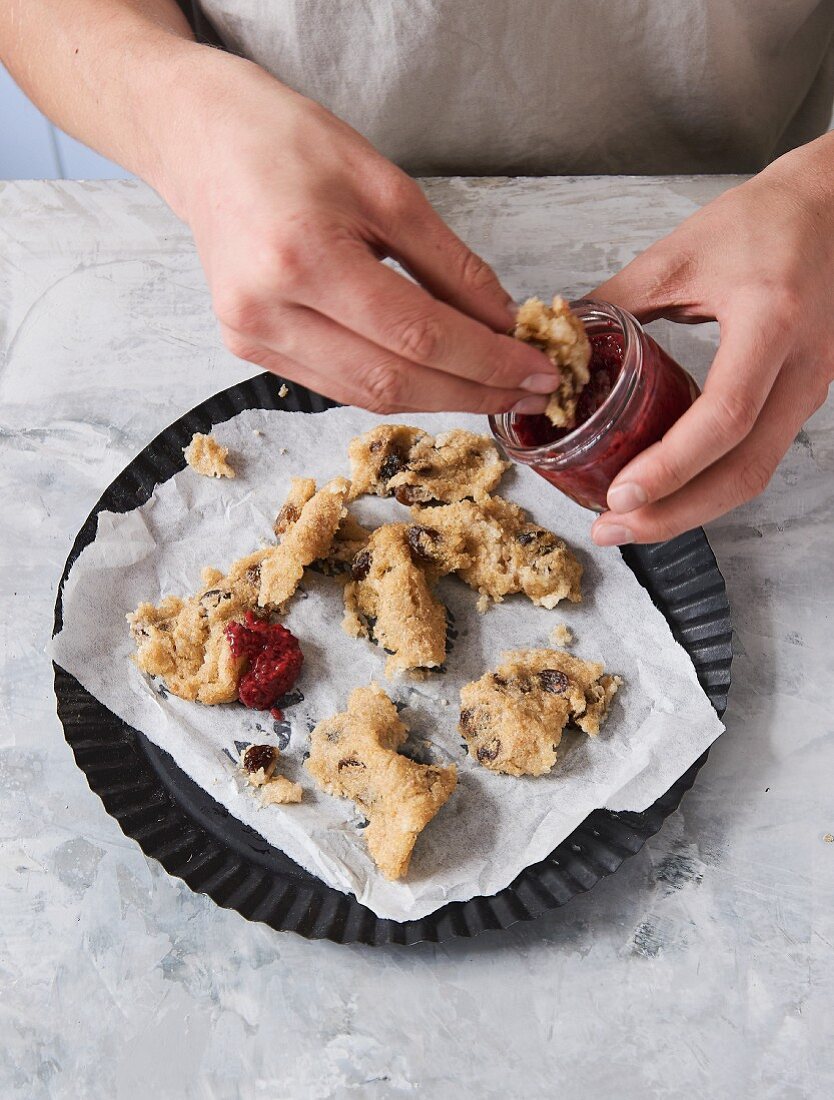 Vegan quinoa shredded pancakes with rapsberry and chia jam