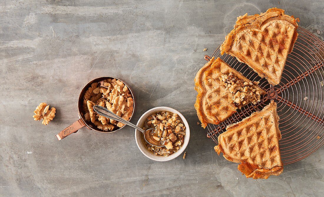 Spelt and cheese waffles with walnut salsa