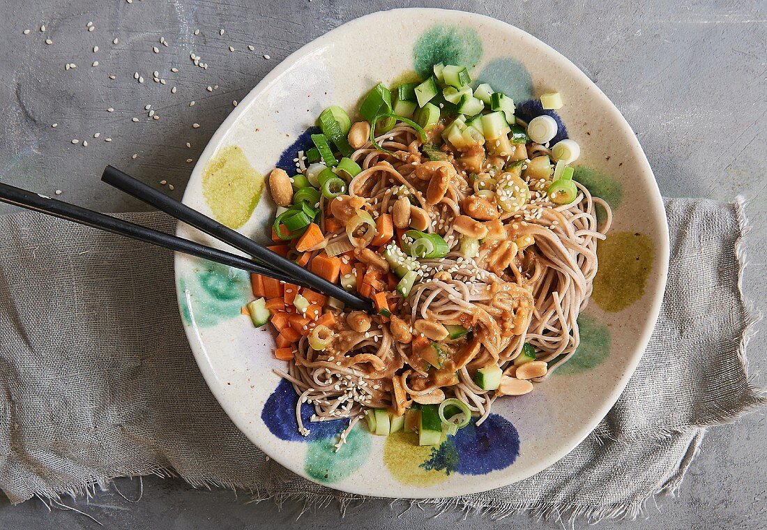 Soba noodle salad with carrot, cucumber and peanut dressing