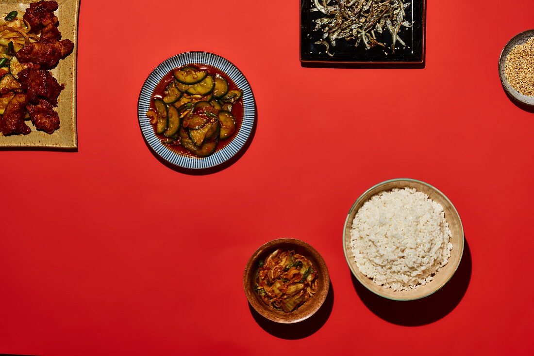 Korean dishes (rice, kimchi and spicy cucumber salad)