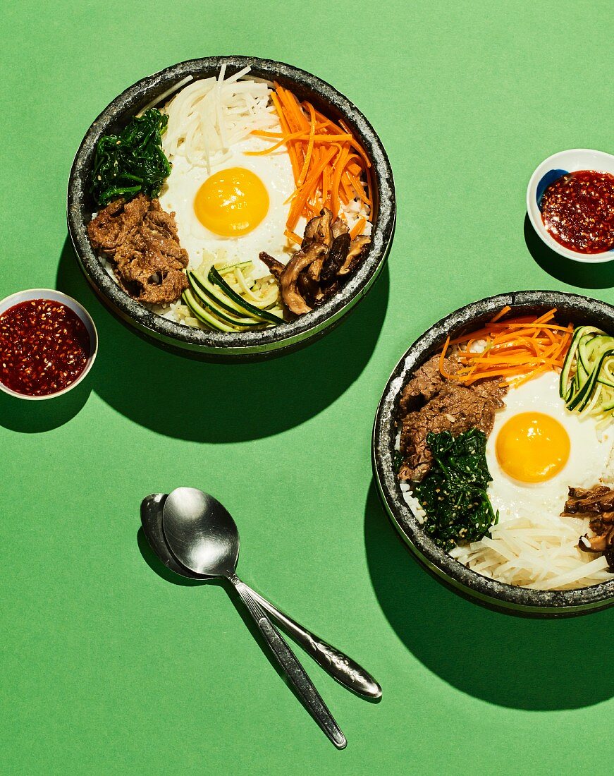 Bibimbap (a colourful rice bowl with beef, vegetables and a fried egg, Korea)