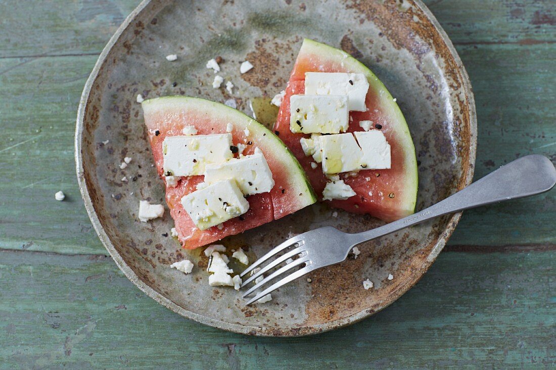Feta on slices of watermelon as a snack