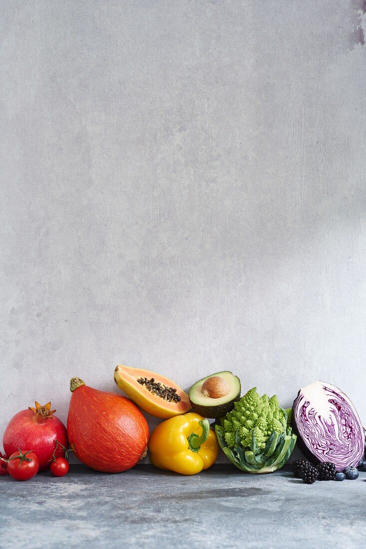 Fruit and vegetables in rainbow colours