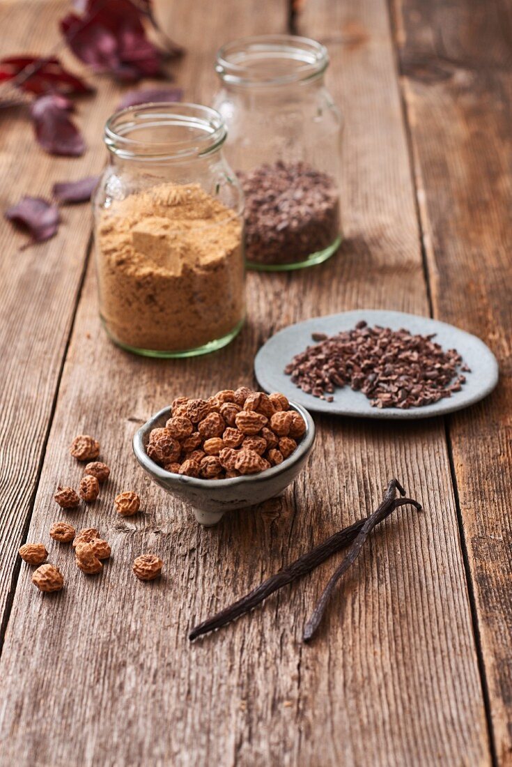 Ingredients for tiger nut cookies with cacao nibs