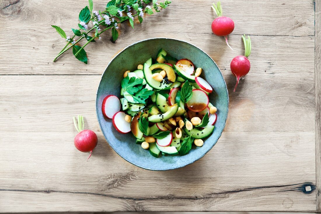 Radish and cucumber salad with mint