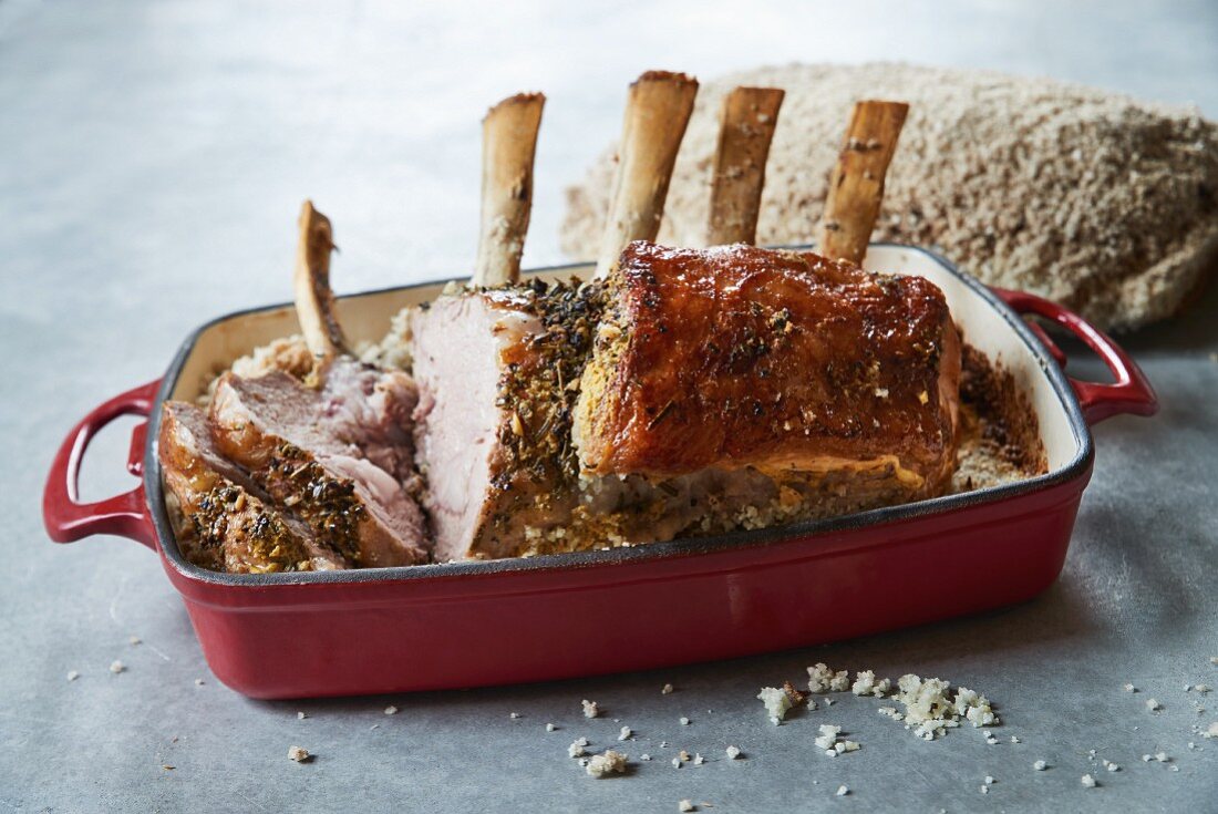 A rack of veal in a casserole dish