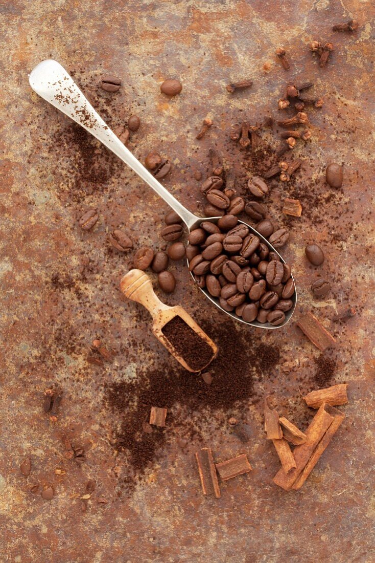 Coffee beans, ground coffee and cinnamon