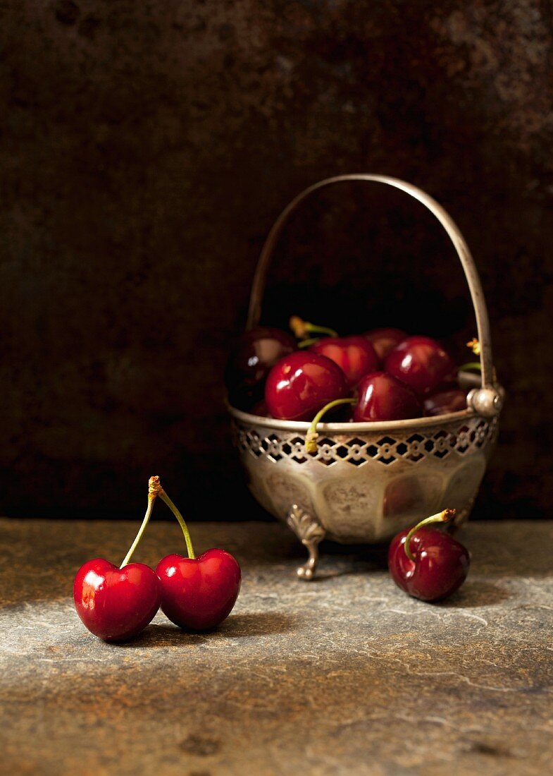 Fresh cherries in a vintage bowl