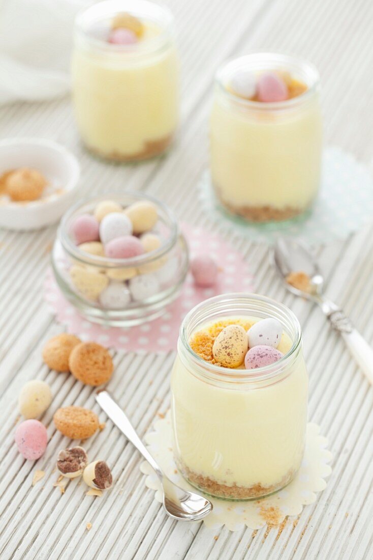 White chocolate mousse with mini chocolate eggs for Easter