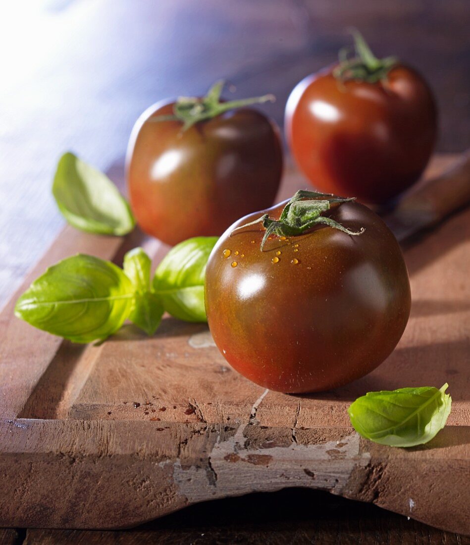 Kumato-Tomaten auf Holzbrett mit Basilikum