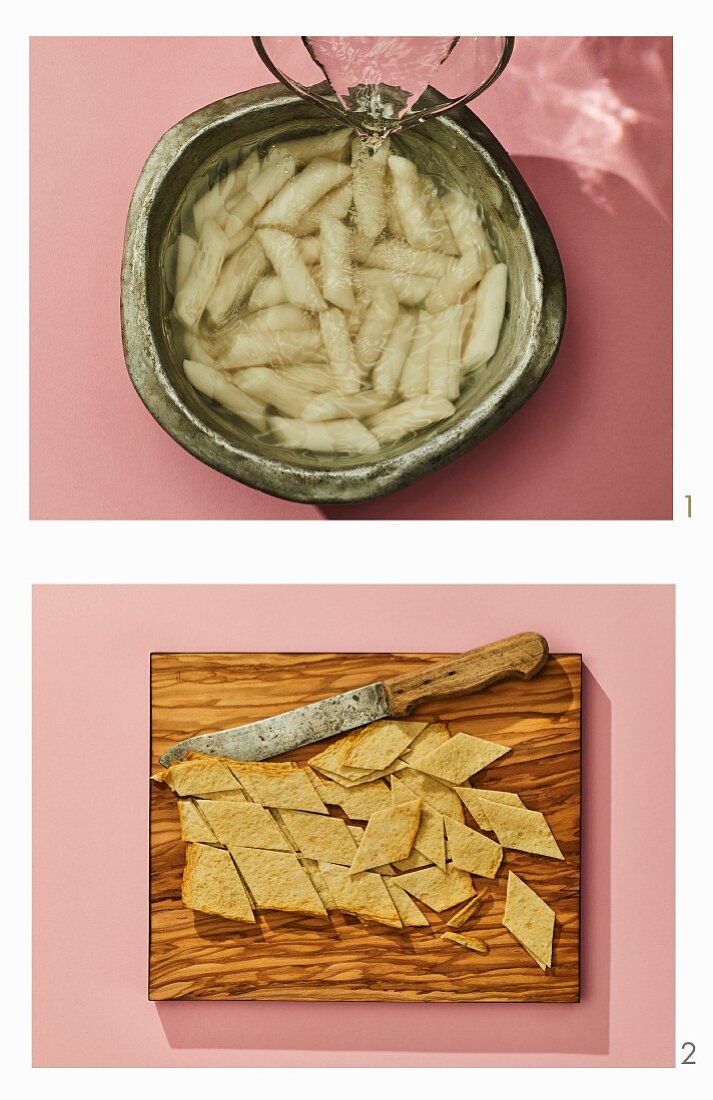 Rice cakes being defrosted in lukewarm water, fish cake being cut into pieces