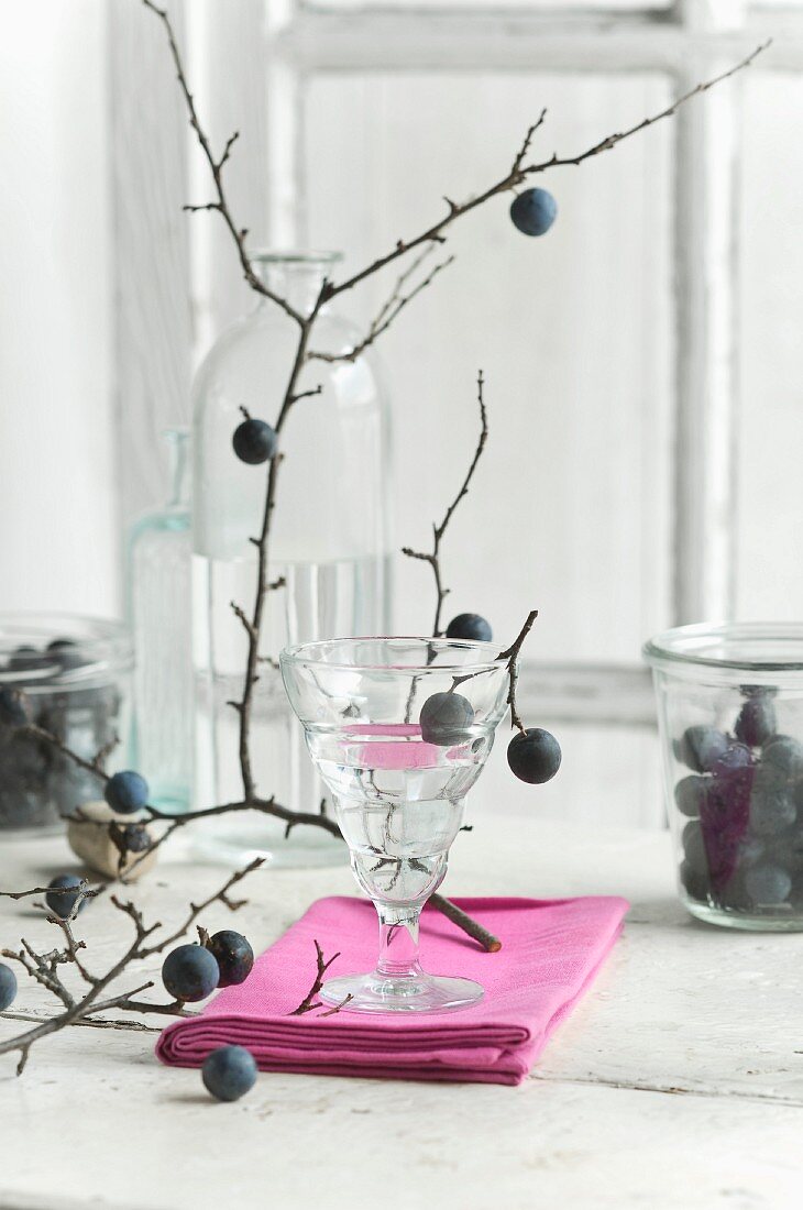 Blackthorn schnapps in a glass, blackthorn fruits in a storage jar and a blackthorn branch on a kitchen table