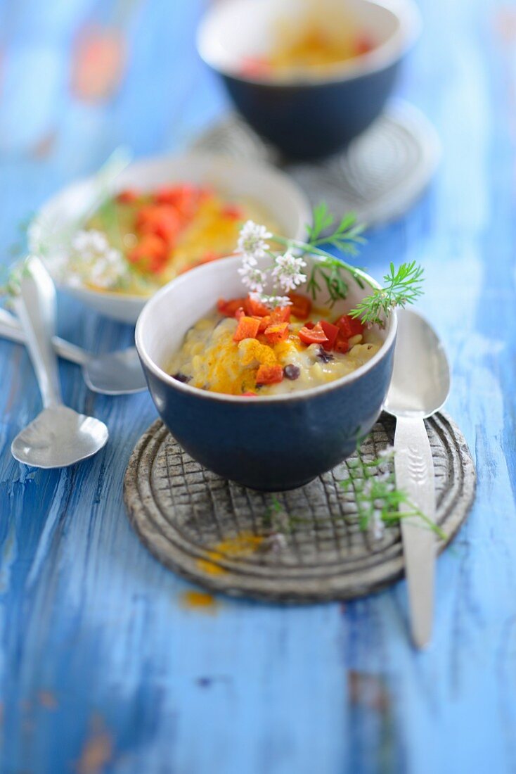 Lentil stew with nori flakes and red pepper