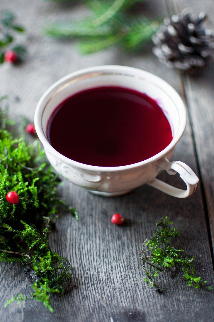 Borscht (traditional Polish soup made with vegetable stock and beetroot for Christmas)