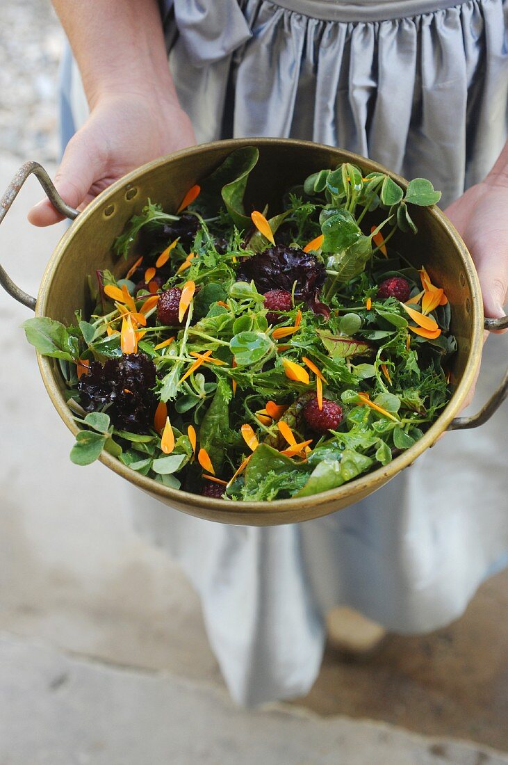 Grüner Salat mit Beeren und Blütenblättern in einer Salatschüssel