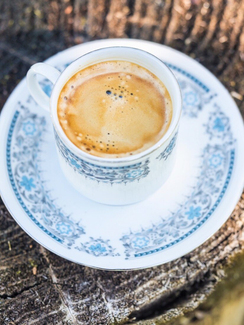 Cup of coffee served in a countryside garden