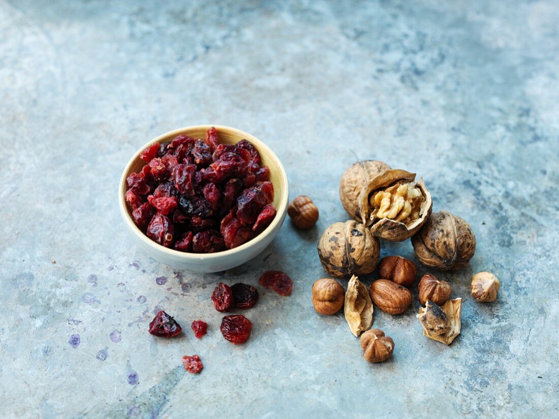 Walnuts, hazelnuts and dried cranberries