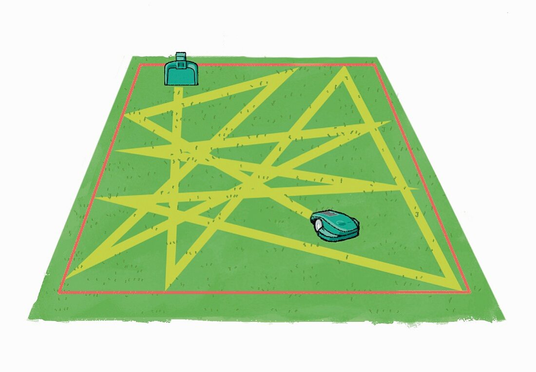 Illustration of a garden: mowing the lawn with a robotic lawn mower