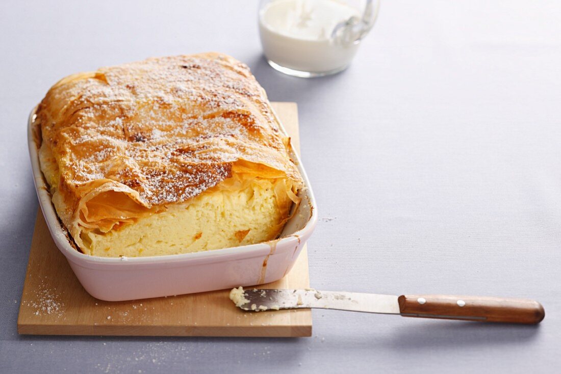 Milk and cream strudel in a baking dish (Austria)