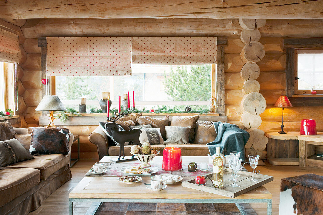Rustic living room in log cabin
