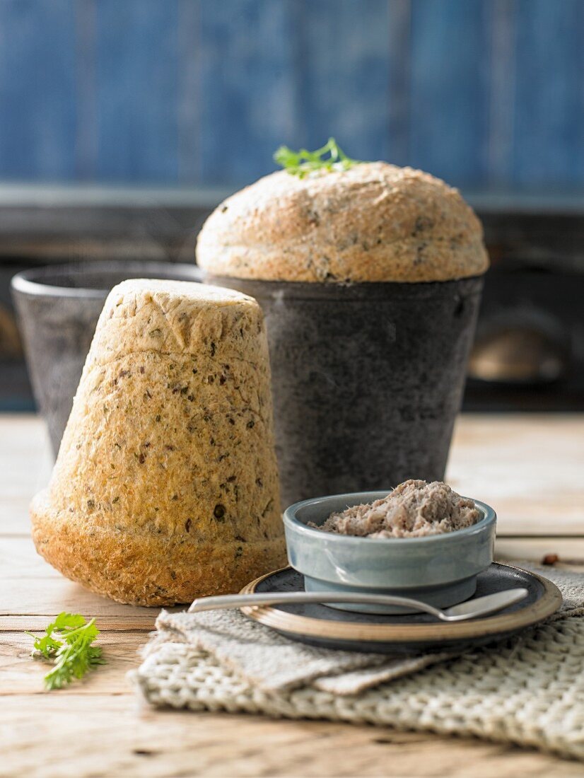 Herb and pepper bread baked in a flowerpot