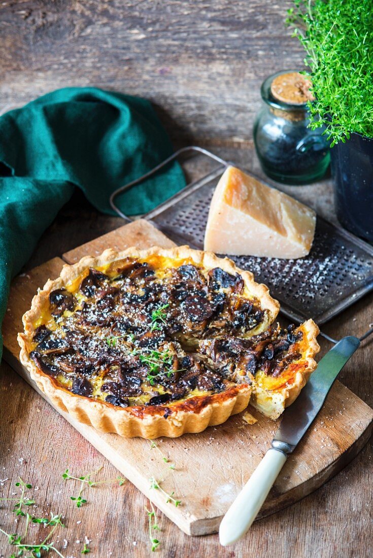 A cheese and mushroom quiche