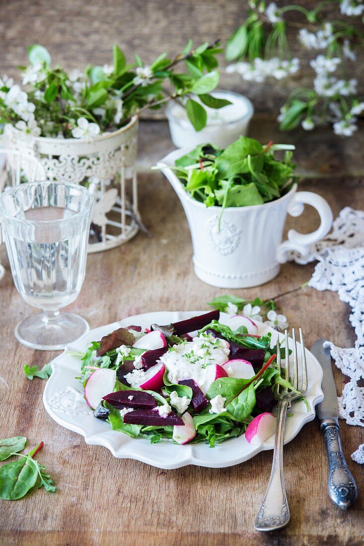 A mixed leaf salad with beetroot and radishes