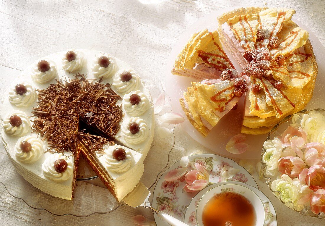 Black Forest cake & choux pastry cake with raspberry cream