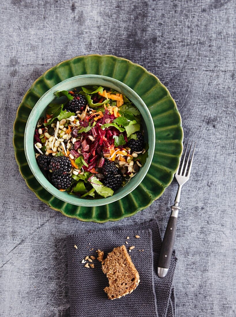 Rote-Bete-Salat mit Brombeeren und Mungobohnensprossen - 'Indian Summer'