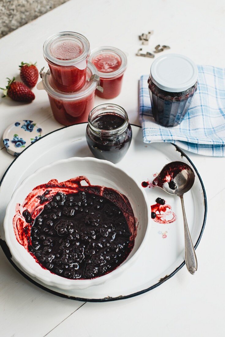 Homemade bilberry compote, and rhubarb and strawberry compote