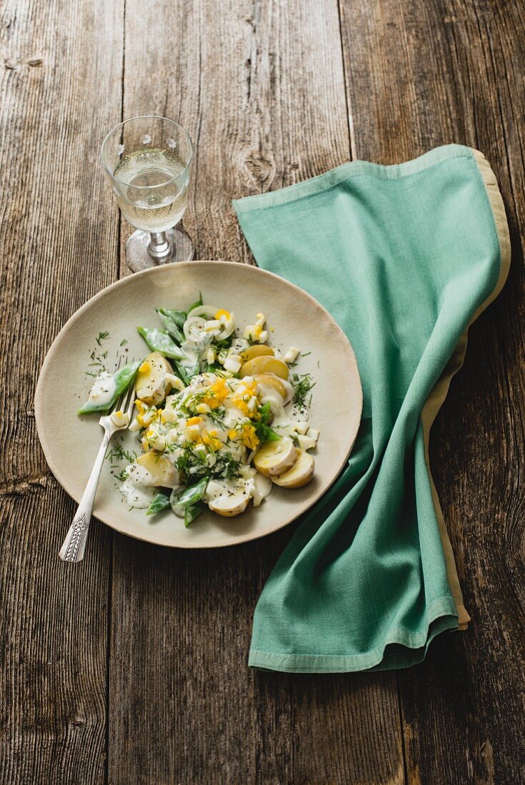 Green bean, egg, and potato salad with a sour cream and dill dressing