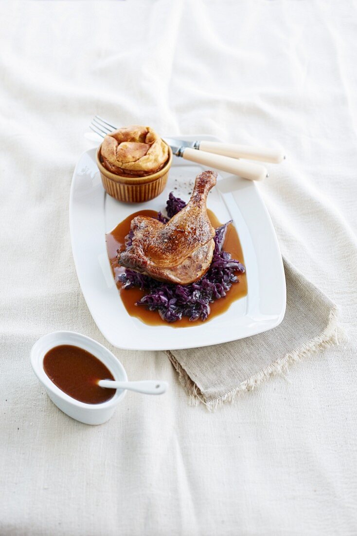 Duck curry with red cabbage and a potato souffle