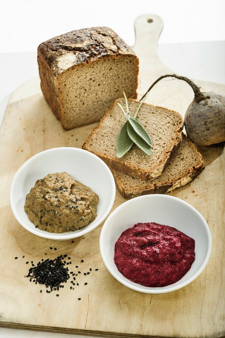 Beetroot and herb spread, and eggplant and sesame spread
