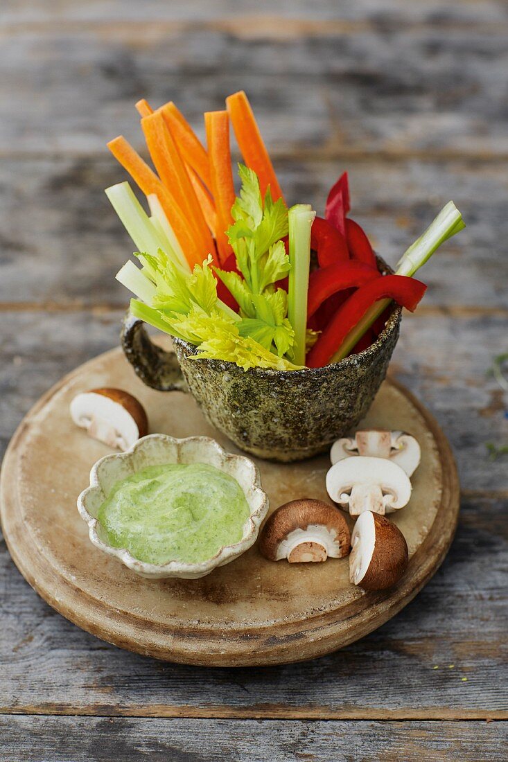 Raw veg sticks with a herb dip