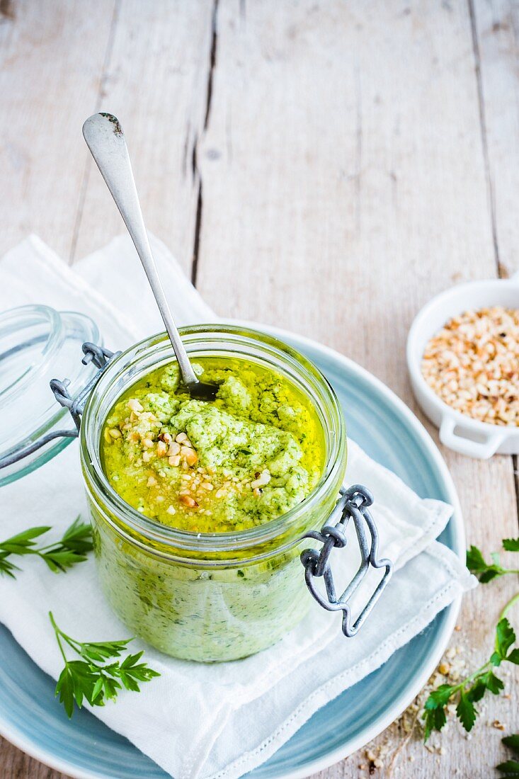 Zucchini pesto in a glass jar