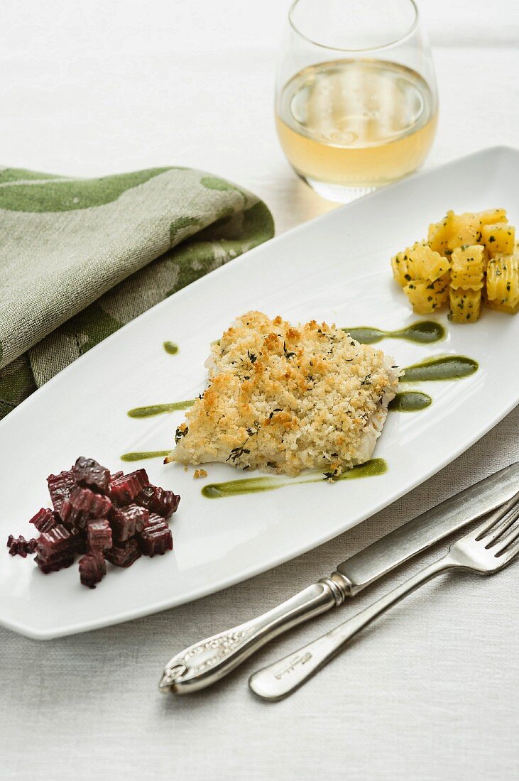 Cod with a parmesan and thyme crust, with beetroot and potato gnocchi