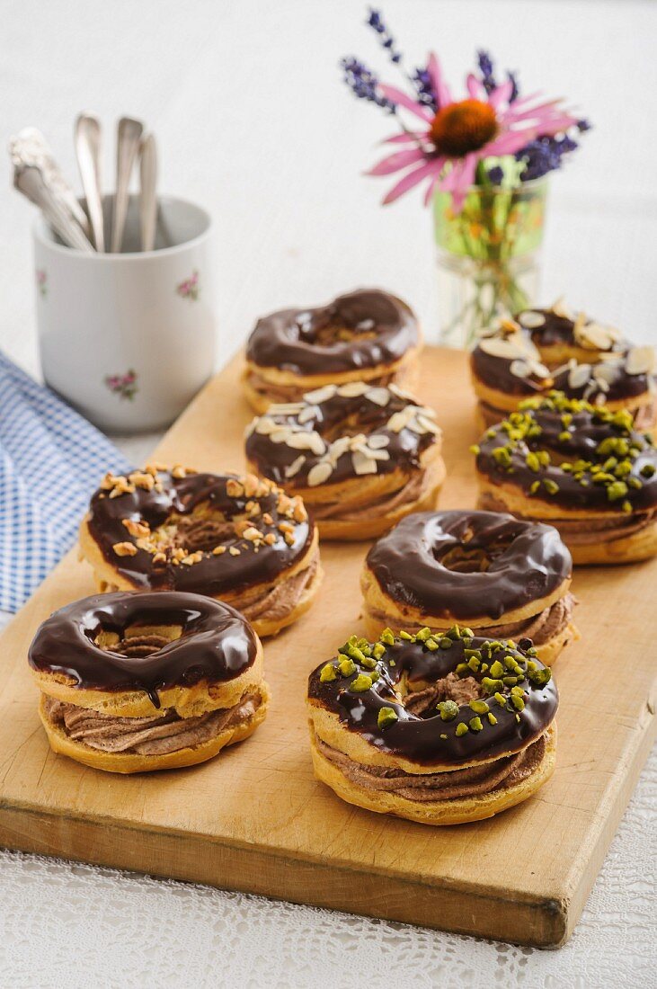 Chocolate choux pastry rings
