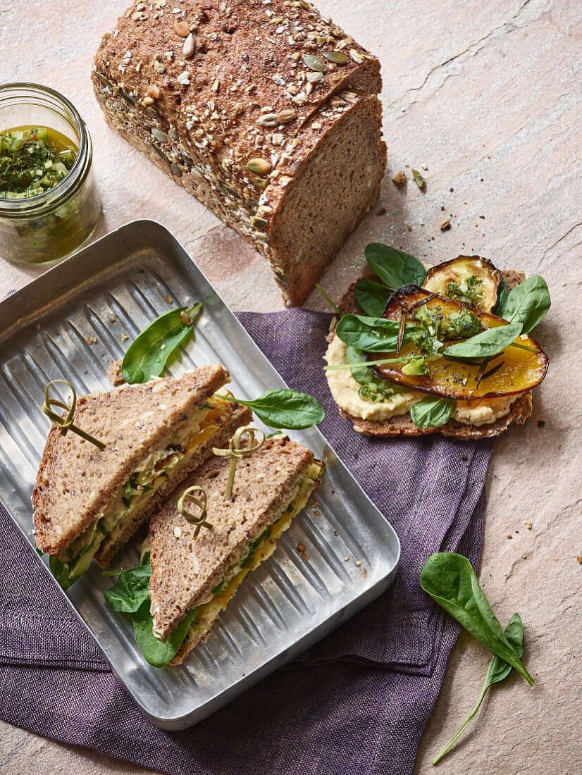 Sandwiches with houmous and rosemary vegetables