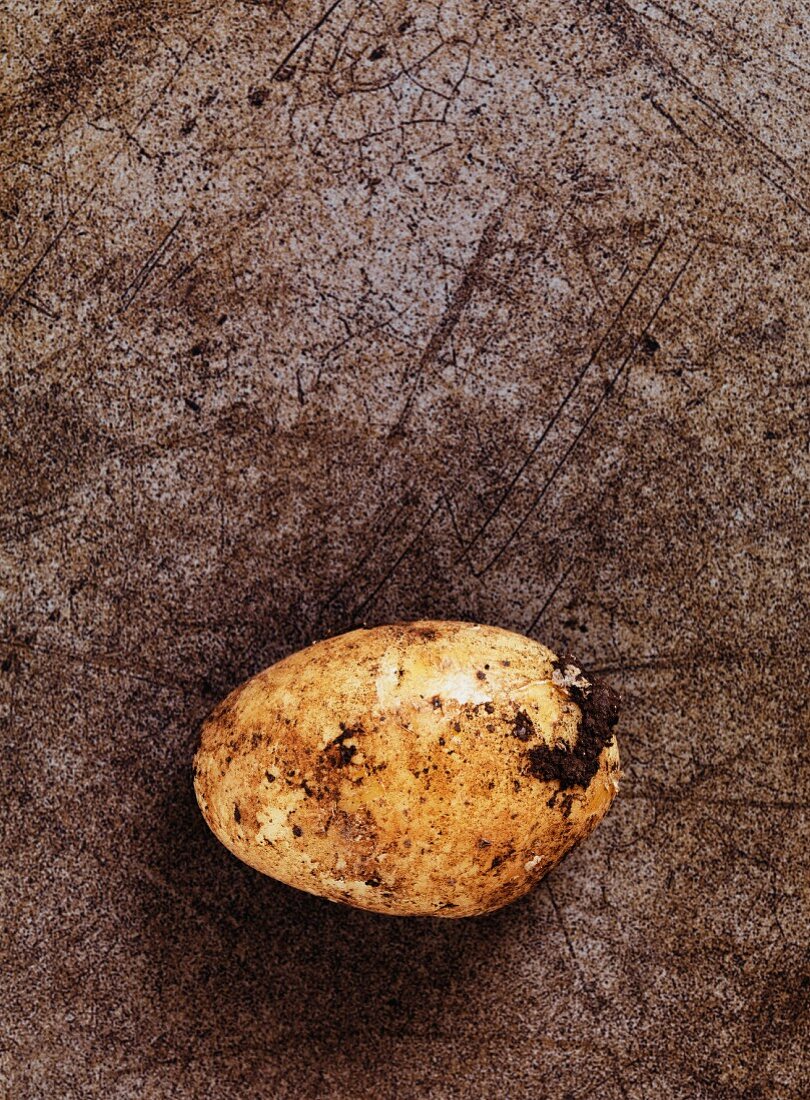 Eine Kartoffel auf braunem Untergrund (Aufsicht)