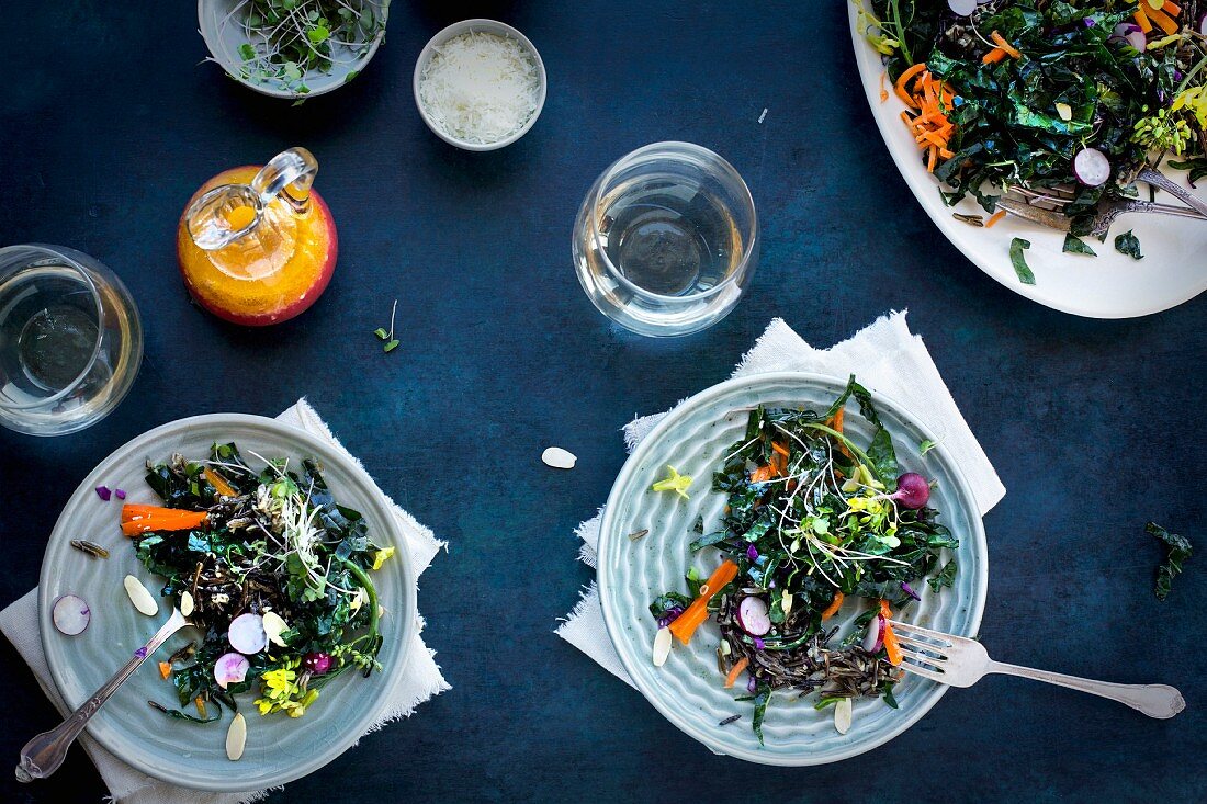 Kale and wild rice salad with carrot, radishes and blood orange vinaigrette