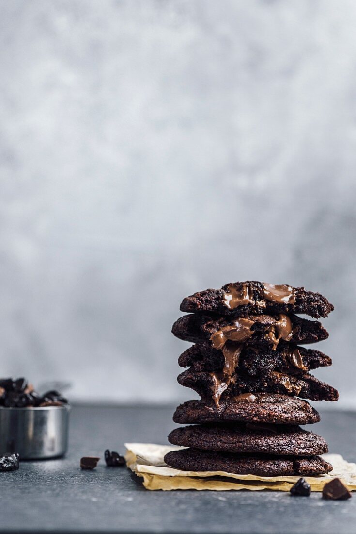 A stack of Mexican hot chocolate cookies, chocolate chips in the cookies are melting