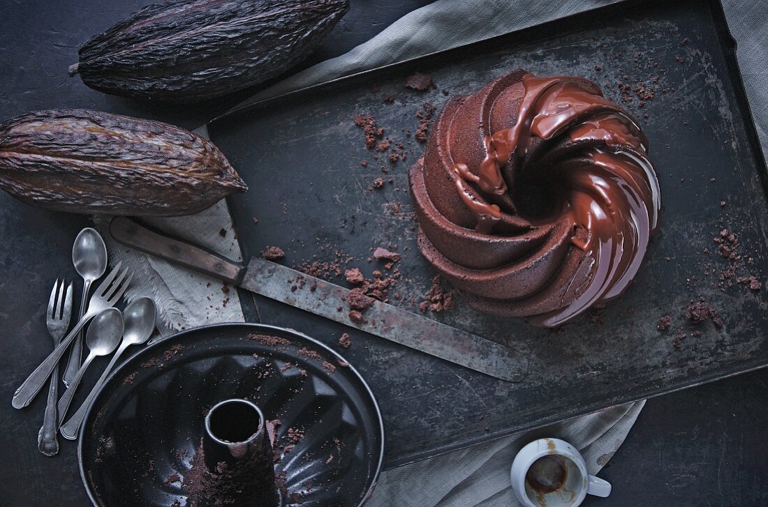 Schokoladenguglhupf, Backform und Kakaofrüchte