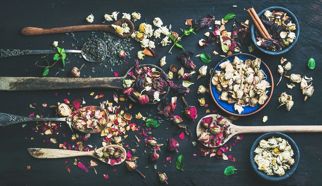Getrocknete Kräuter, Blütenknospen und Teeblätter auf Löffeln vor dunklem Hintergrund
