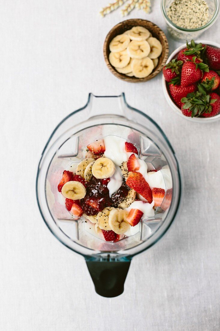 Ingredients of strawberry banana smoothie