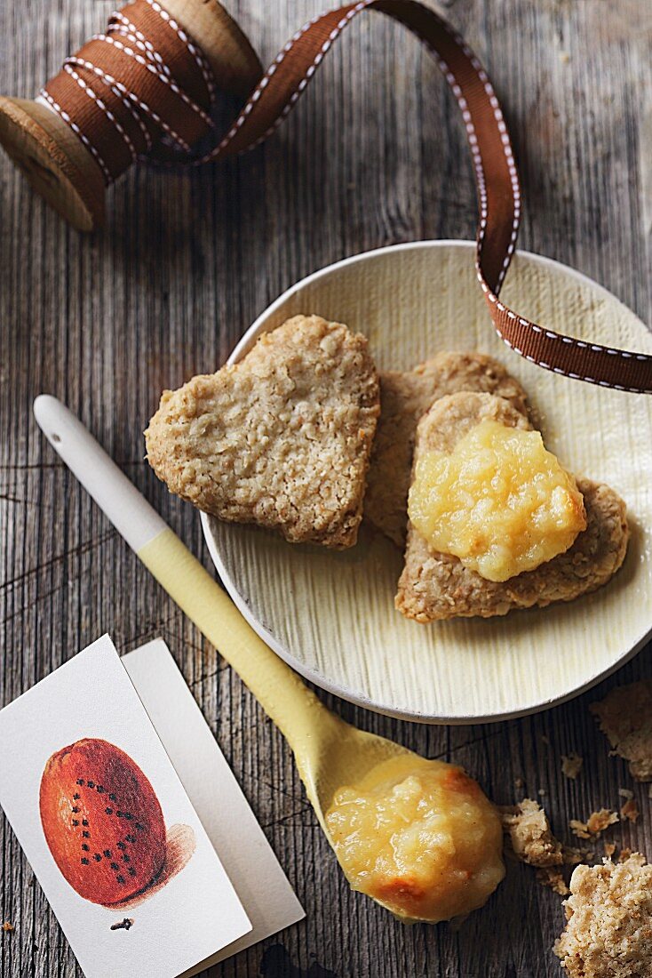 Heart shaped rolled oat biscuits with jam (Gluten free)