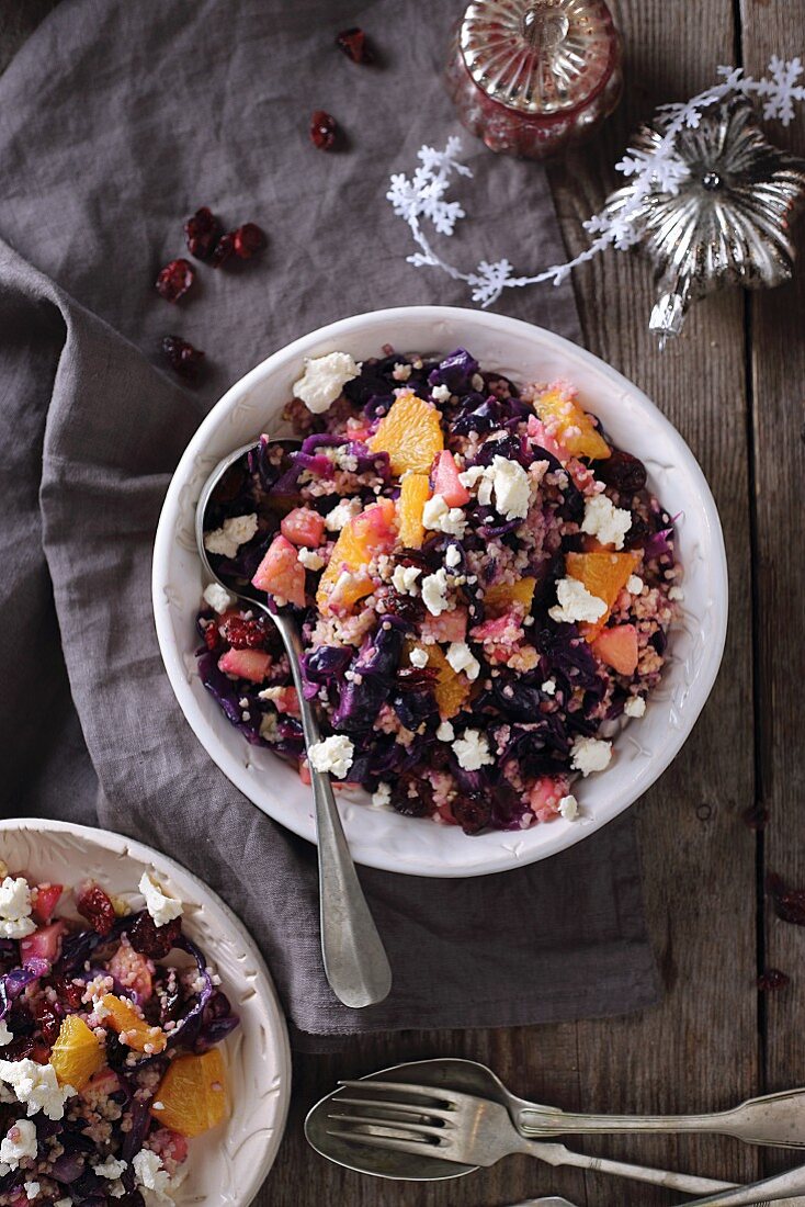 Winter millet salad with red cabbage, orange, feta, and cranberries