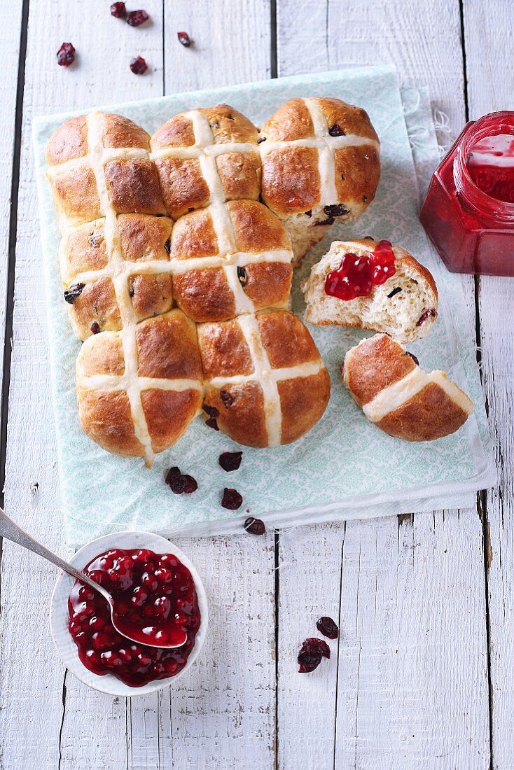 Hot cross buns (Easter buns, England) with jam